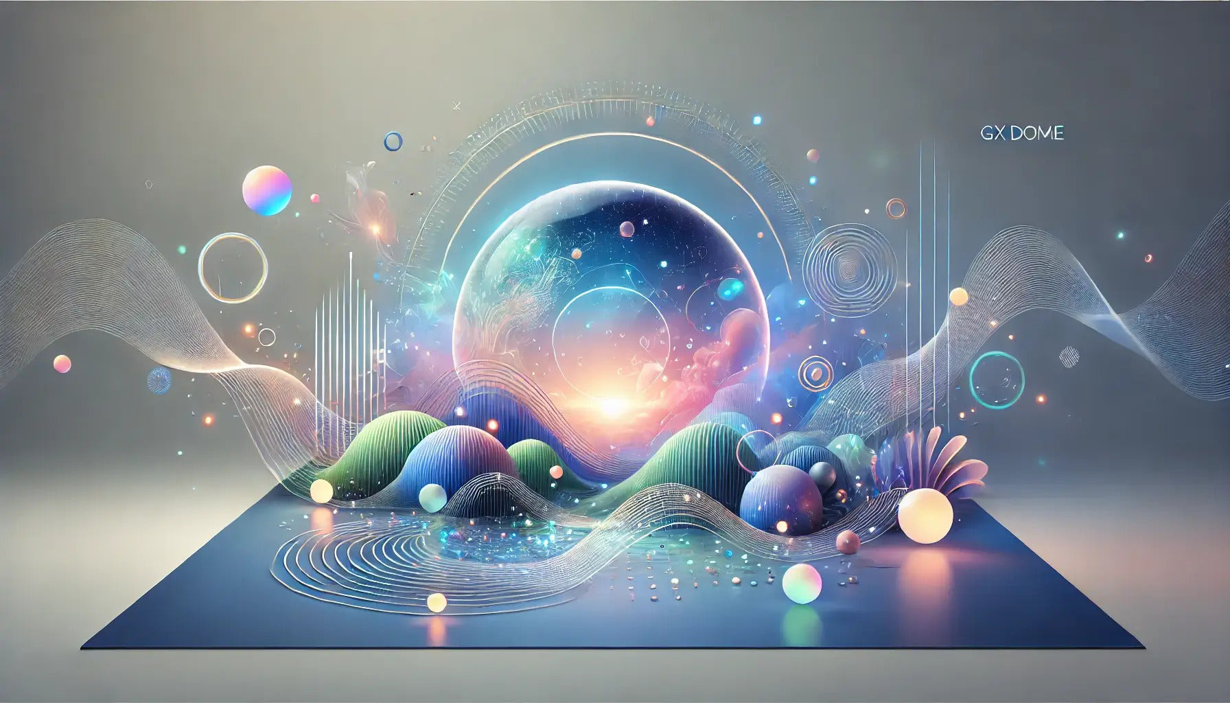 A calming banner with a glowing dome, soft orbs, and flowing waves in blue, green, and purple tones, symbolizing sensory, wellness, and digital innovation.